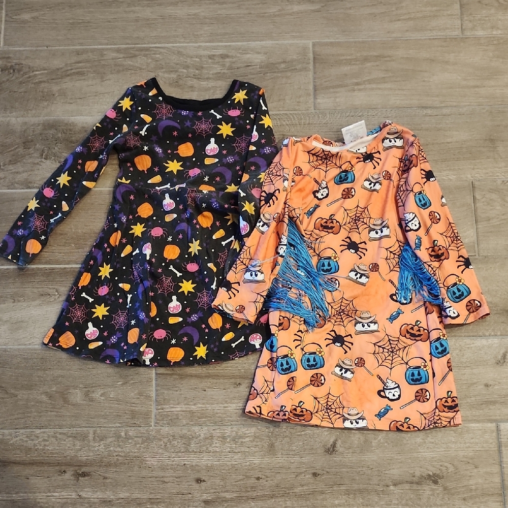 Girls Halloween Pumpkin & Spider Web Dresses - Orange & Black